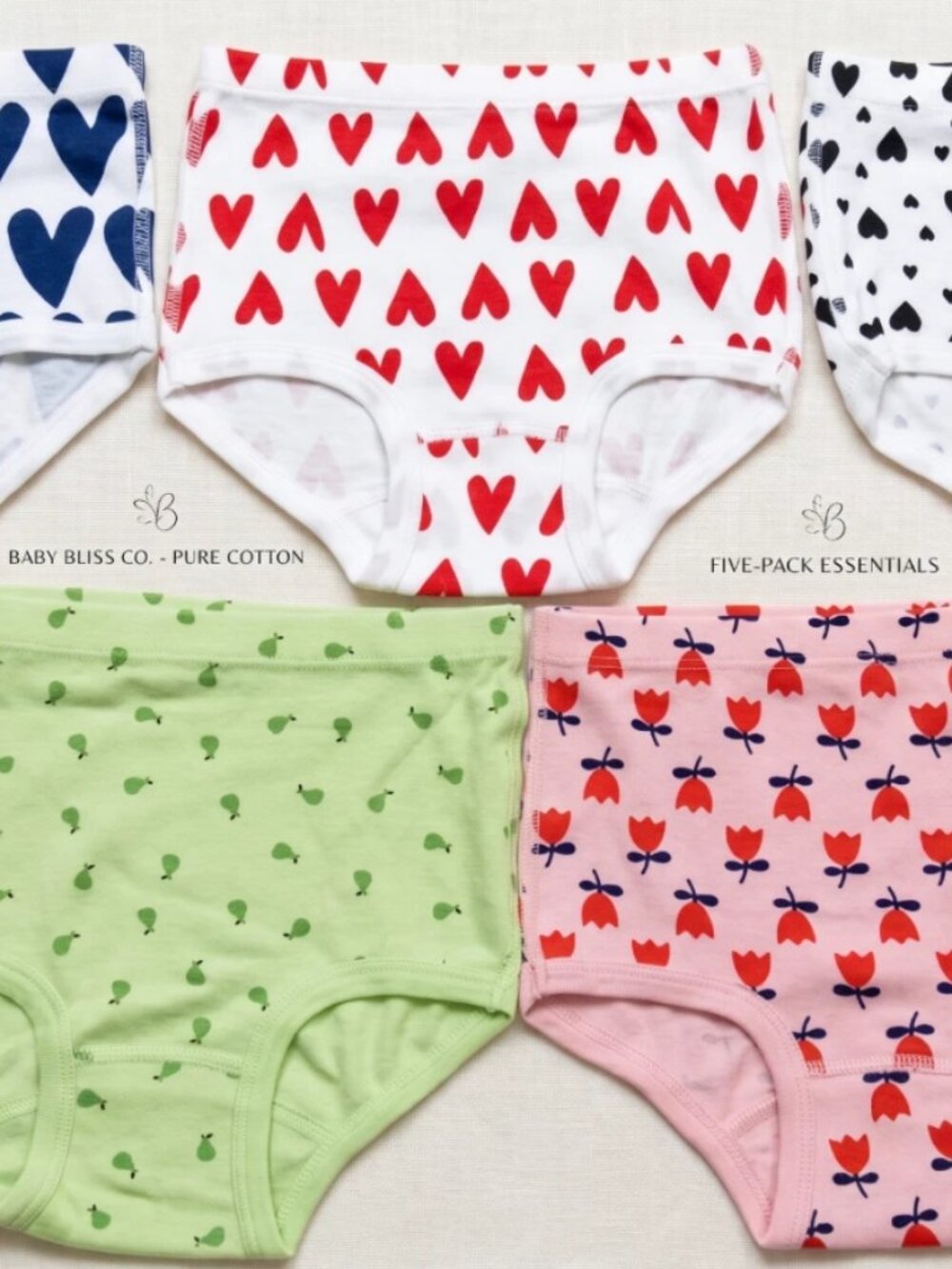 Baby Bliss Co. Girls Pure Cotton Briefs 5-Pack Size S - Hearts & Floral Prints
